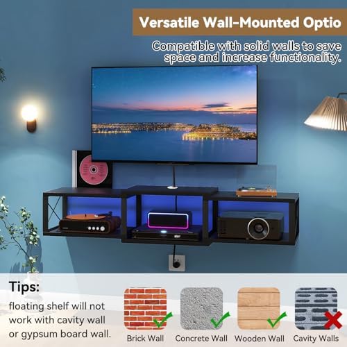 IBUYKE Floating TV Stand with Power Outlet,Wall-Mounted Floating Stand for TVs up to 55",Metal Wall Entertainment Center,Wall Mounted TV Shelf with Storage for Living Room Bedroom,Black UWST011B - Image 6