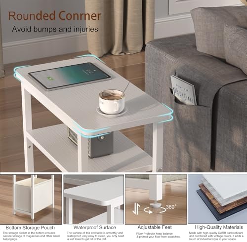 sthmec Narrow Side Table Set of 2, Skinny End Tables with Fabric Basket, Small Side Tables for Small Space,2-Tier Open Shelves with Basket, Slim Nightstands Set 2 for Bedroom,Livinroom,Office,White - Image 4