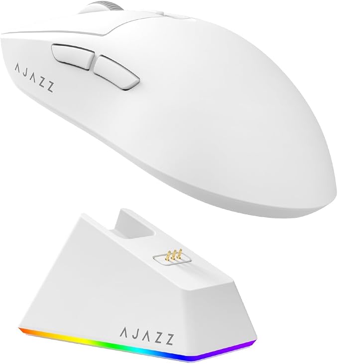 AJAZZ AJ139 V2 MC Wireless Gaming Mouse with RGB Charging Dock, 66g Ultra-Lightweight Tri-Mode Optical Mouse, 12000 DPI PAW3311 Sensor, Ergonomic Rechargeable Gaming Mouse for PC/Mac - White by AJAZZ
