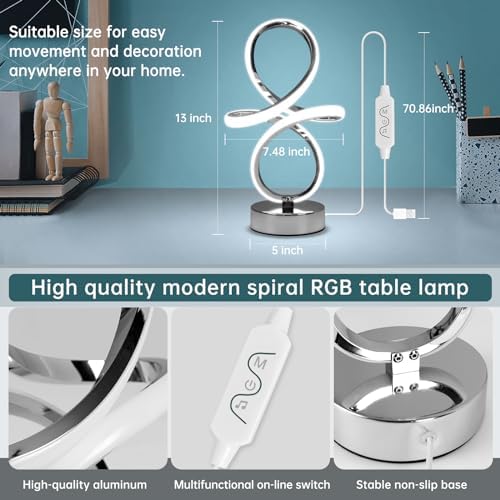 Modern RGB Table Lamps, LED Spiral Table Lamp, Silver Bedside Lamp with Remote&APP, Multicolor Changing Nightstand Lamp with Music Rhythm Modes for Bedroom, Living Room, Gaming Room, Christmas Gifts - Image 5