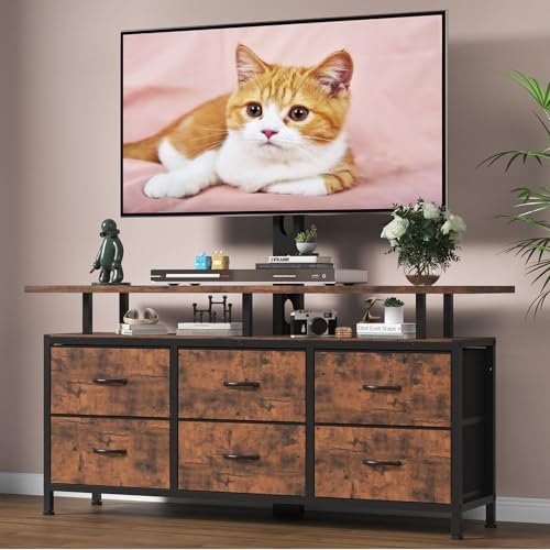 Rustic Brown TV Stand with Mount for 32/45/55/60/65/75 inch TVs, Entertainment Center with 6 Fabric Drawers & Open Shelf, TV Media Console for Living Room, Bedroom by DrawXynth