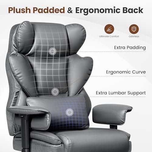 BESTFAIR Big & Tall Ergonomic Office Chair Reclining with Footrest, Gray | Heavy Duty Oversized Gaming Chair, Lumbar Support for Prolonged Sitting, 23.6" Padded Wide Seat, Adjustable Arms, PU Leather - Image 3