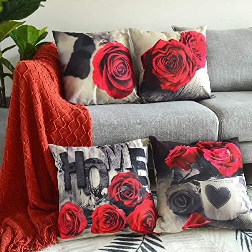 Red Christmas Pillow Covers for Couch Living Room Decor 20x20" Set of 4, Cotton Linen Square Rose Floral Throw Pillow Cover Black Gray Flower Decorative Cushion Case Sofa Bed Bedroom Home Decorations - Image 2