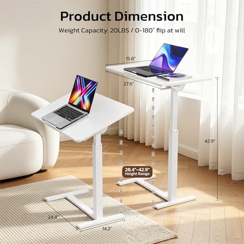 Mobile Standing Desk Adjustable Overbed Table, Pneumatic Height Adjustable Rolling Laptop Desk with Hidden Wheels, 0-180°Tilt Top Rolling Computer Cart Foldable for Home Office, Craft & Study, White - Image 3