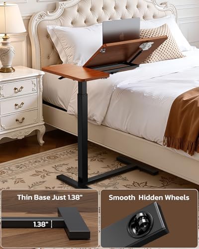 Simple Deluxe Standing Rolling Desk with Hidden Casters, Height Adjustable Pneumatic Mobile Laptop Desk, Tilting Bedside Table for Laptop, Overbed Bedside Table Hospital Home Use, Brown - Image 6