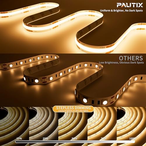 PAUTIX 5V USB COB LED Strip Lights UL-Listed Dotless LED Lights with RF Remote,6.56ft Dimmable 3000K Warm White TV Backlight,Flexible Under Cabinet Tape Lights for Bedroom,Kitchen,Shelves Lighting - Image 2