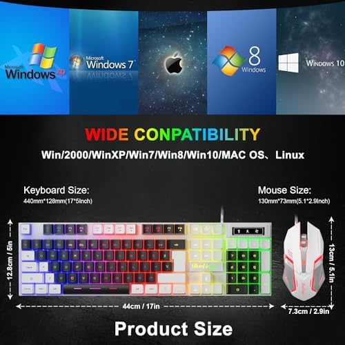 BlueFinger RGB Gaming Keyboard and Backlit Mouse Combo, USB Wired, LED Gaming Set for Laptop PC Computer Game and Work (White & Black) - Image 7