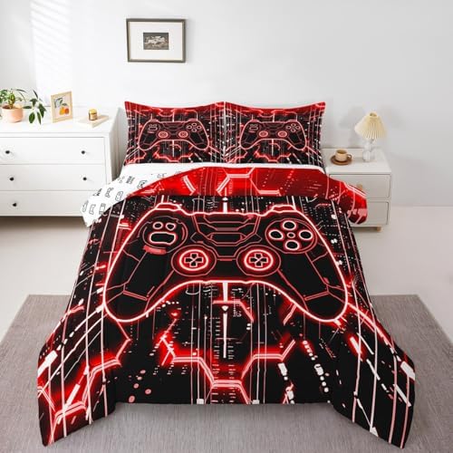 Feelyou Kids Red Gamer Comforter Set Full Size, Honeycomb Gaming Comforter Boys Girls Modern Game Console Bedding Set Gamepad Teens Duvet Set Bedroom Decor Microfiber Bed Set by Feelyou
