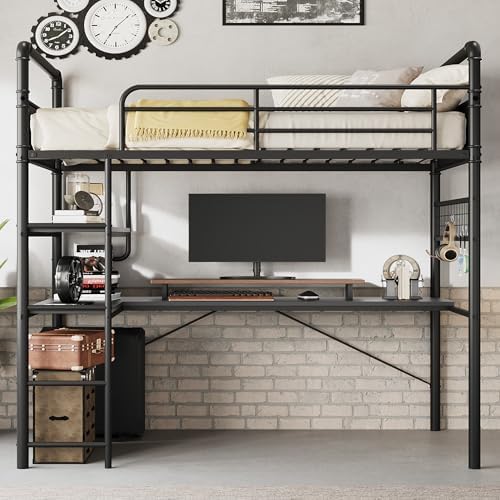 GarveeHome Loft Bunk Bed with L-Shaped Desk, Industrial Twin Loft Bed,Black - Image 3