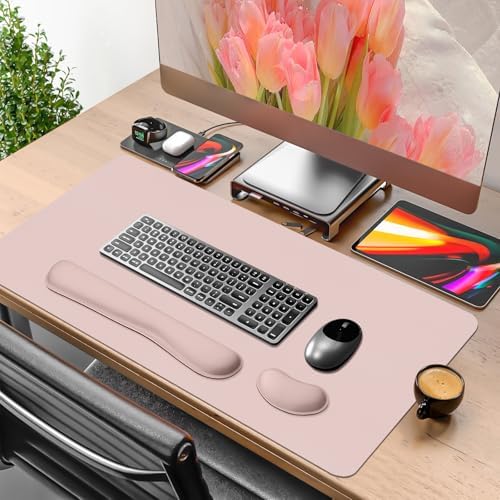 Mouse Pad and Keyboard Wrist Rest, Large Keyboard and Mouse Pad Set, Ergonomic Mousepad with Wrist Rest, Non-Slip Desk Mat Protector for Office, Home (35.4×15.7 Inches, Pink) - Image 2