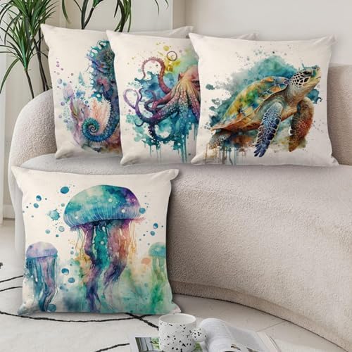Beach Throw Pillow Covers 20x20" Set of 4, Ocean Theme Sea Turtle Seahorse Octopus Jellyfish Pillow Case Covers for Couch Sofa Bed Home Decor Square Pillowcase Coastal Outdoor Patio Furniture Cushions - Image 3