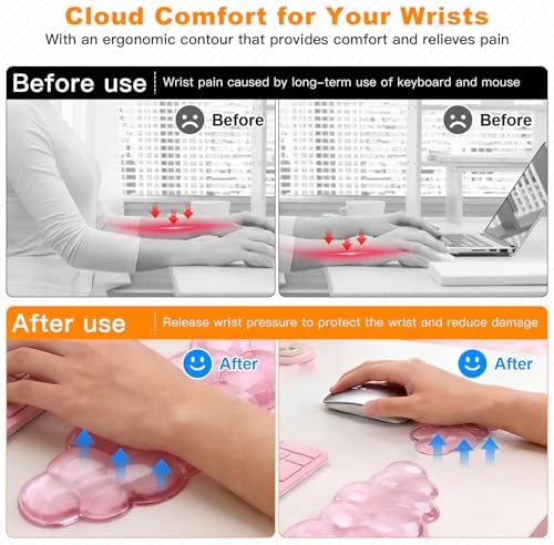 Cloud Keyboard and Mouse Wrist Rest Set, Clear Gel Keyboard Mouse Wrist Rest Support Pad for Typing Pain Relief, Cute Aesthetic Desk Decor Accessory for Home Office Dorm(Pink) - Image 2