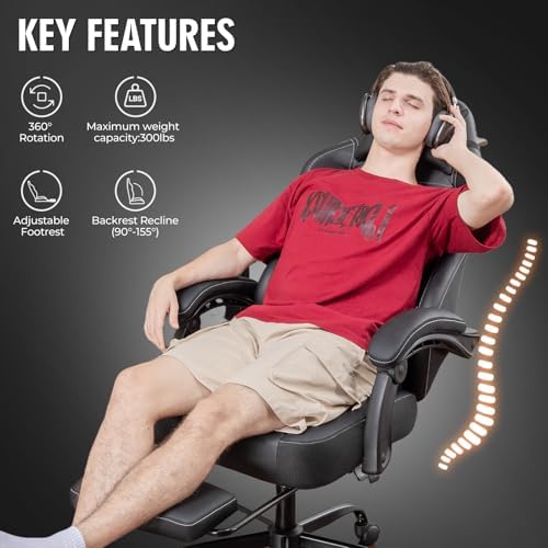 GTPLAYER Gaming Chair, Office Chair High Back Computer Chair with Foot Rest for Adults, Leather Desk Chair Executive Ergonomic Height Adjustable with Headrest and Lumbar Support, 300lbs Black - Image 5