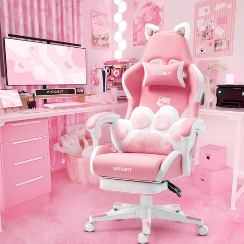 Vigosit Cat Ears Gaming Chair - Pink PU Leather Ergonomic Reclining Office Chair with Footrest, 310lb Capacity, 6-Position Recline, 360° Swivel by VIGOSIT