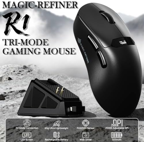 MAGIC-REFINER R1 Wireless Gaming Mouse with RGB Charging Dock,65g Ultra Lightweight,PixArt PAW 3311 Optical Sensor DPI 24,000,LCD Display & Smart Sleep,500mAh,Programmable Mice for Mac PC Gamer(Black) - Image 2