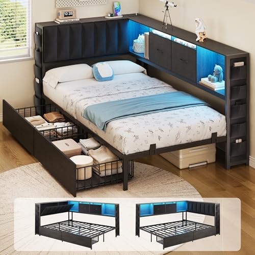 MapleGrace Twin Corner Bed Frame with Upholstered Storage Headboard and Drawers, Metal Platform Bed Frame with LED Light and Charging Station, Twin Daybed for Living Room, Bedroom & Guest Room, Black - Image 3