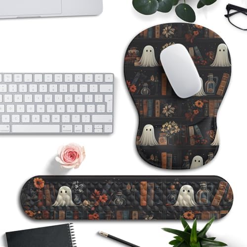 Ghost Book Mousepad with Wrist Rest Halloween Computer Keyboard Mouse Pad Black Cute, Mouse Pad with Wrist Rest for Computer Keyboard, 2 In1 Mousepad with Wrist Support Easy Typing&Relieve Wrist Pai by Mechanical+Cattle