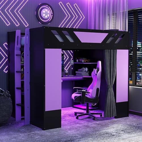 Merax Full Size Loft Bed with Desk and Storage Shelves, Gaming Loft Bed Frame with USB Charging Station and Curtains, Space Saving Loft Bed for Teens Bedroom, Purple + Black - Image 3