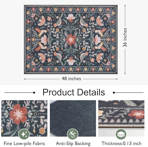 Anidaroel 36"x48" Office Chair Mat for Hardwood Floor, Black Floral Computer Chair Mat, Anti-Slip Vintage Under Desk Rug for Office, Low Pile Bird Bug Office Rugs for Rolling Chairs - Image 3