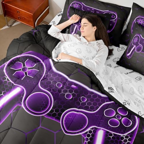 Feelyou Gamer Comforter Set with Sheets for Kids Boys Teens Game Controller Bed in a Bag Gaming Gifts 7 Piece Bedding Set Full Size for All Season,Purple Bed Set - Image 7