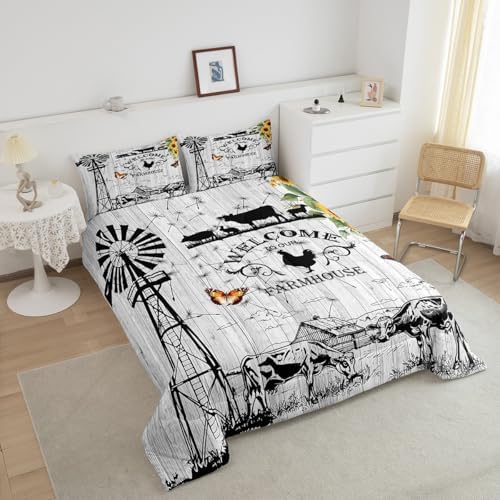 Farmhouse Windmill Comforter Set Full Size Rustic Farm Barn Door Bedding Comforter Sets for Cowboy Cowgirl, Vintage Western Cow Gifts Bedding Room Decor Butterfly Sunflowers Wooden Plank Duvet Insert - Image 3