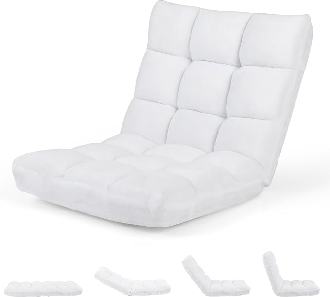 Floor Chair with Back Support, 14-Position Lazy Sofa Chair with Soft Coral Fleece, Folding Floor Gaming Chair, Couch Recliner, Floor Seat for Reading, Meditating, Yoga, Gaming (White) by BUYNOW