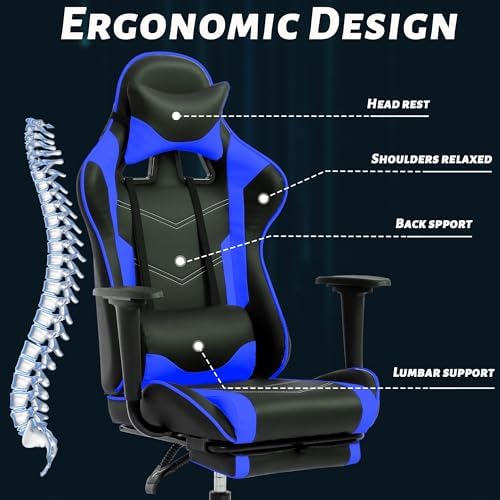 Gaming Chair, High Back PU Leather Gaming Chairs Computer Chair with Headrest & Lumbar Support, Height Adjustable Wide Seat Gaming Chairs for Adults, Game Chair with Footrest & Armrest (Blue) - Image 3