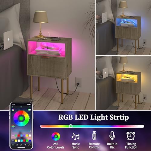 JOONEE Modern Nightstand with Charging Station and LED Lights, White Bedside Table with Drawer, Fluted Side Table for Living Room, Bedroom - Image 5
