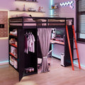 Merax Full Size Loft Bed with Desk and 6 Storage Shelves, Wardrobe, Blackout Curtain, Solid Wood Gaming Loft Bed Frame with USB Port & RGB Lights, No Box Spring Needed, Space-Saving, Black+Red by Merax