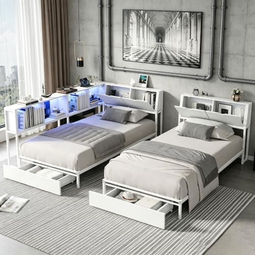 White Corner Bed with Drawers, Bookcase, Light & Charging Station,Twin/Twin - Image 3