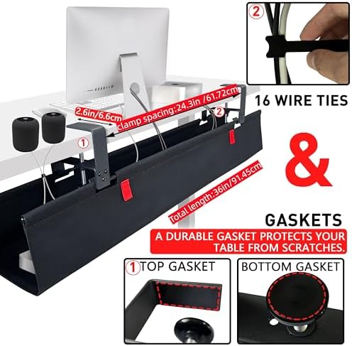 Under Desk Cable Management No Drill – 36" L x 6" W Cord Organizer, Upgraded Silicone Pads (No Scratch), 16 Cable Slots, Washable PE Honeycomb Base, Fits Desks 0–2.1" Thick, Black - Image 2
