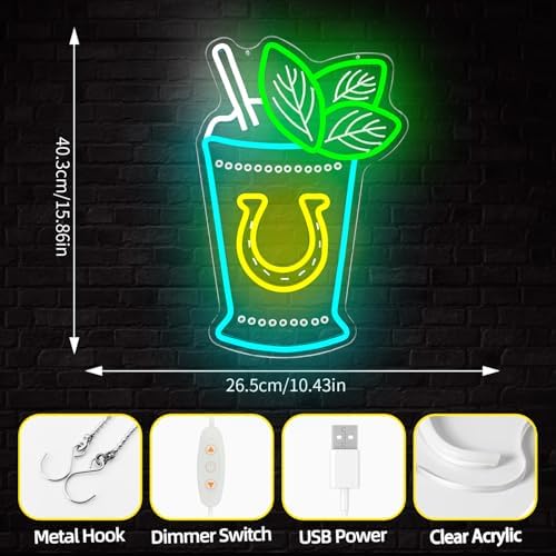 Mint Julep Neon Sign Dimmable Kentucky Horse Derby Neon Lights Mint Julep Cup Led Wall Decor Horse Racing Cocktail Light Up Sign for Party Derby Time - Image 4