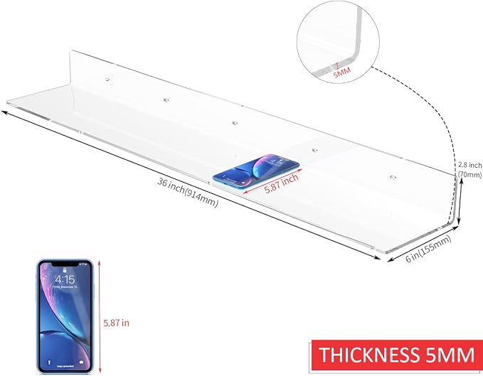 Sezanrpt 36 Inches Acrylic Wall Shelves 2 Pack, Floating Shelf for Wall Mounting, Acrylic Display Ledges for Funko Pop Figures, Home Décor, Living Room, Gaming Room, Plants(36 inch, Clear) - Image 3