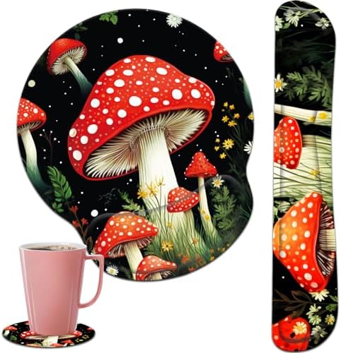 Keyboard Wrist Rest and Mouse Pad Wrist Support Set with Coasters,Ergonomic Gaming Mousepad for Home Office Working Studying Easy Typing & Pain Relief,Cute Forest Mushroom by CICPLKSE