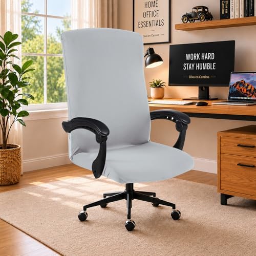 DIVA EN CAMINO DEC Stretch Office Chair Cover with Zipper, Soft Polyester Slipcover for Desk or Boss Chair, Light Gray by DivaenCamino