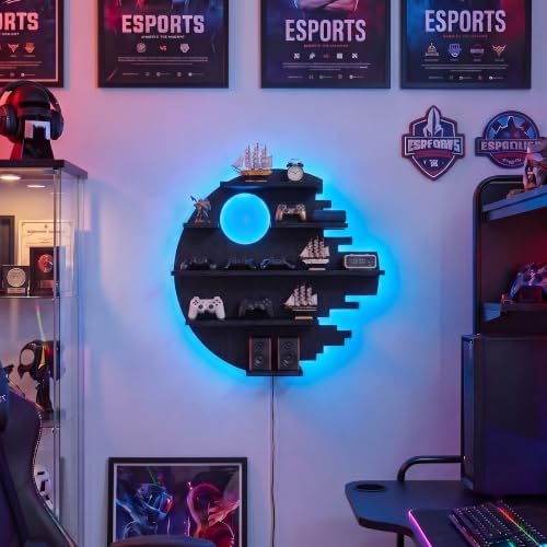 Black Floating Shelves with LED Light Game Room Wall Decor Shelf Boys Gift - Image 2