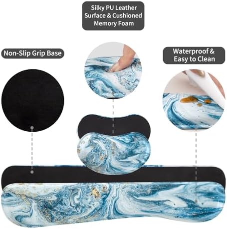 QiyI PU Leather Desk Mat Set, 4-in-1 Ergonomic Wrist Rest, Blue Marble - Image 6