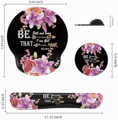 Keyboard Wrist Rest and Mouse Pad Wrist Support Set with Coffee Coaster, Non-Slip PU Base for Gaming and Office, Comfortable & Lightweight for Easy Typing & Pain Relief,Flower Bible Verse Psalm 46-10 - Image 2