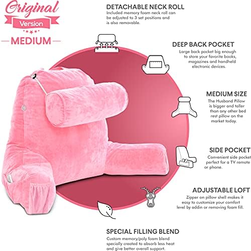 Husband Pillow Medium Reading Pillow with Arms - 23" Backrest for Sitting Up in Bed - Firm Support Bed Rest Pillow for Adults, Neck Roll, Removable Cover - TV, Reading, Lounging - Pink - Image 5