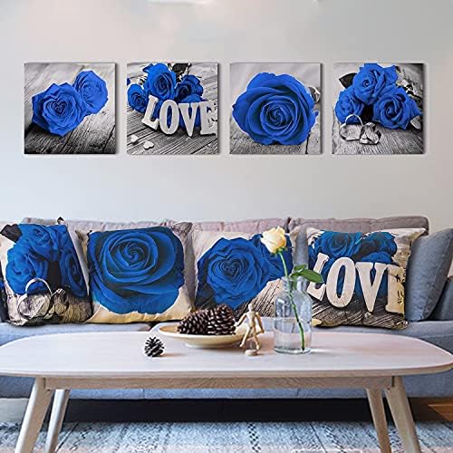 Royal Blue Throw Pillow Cover 18x18 Set of 4 Blue Rose Flower Couch Pillow Cover Rustic Accent Floral Decorative Square Cotton Linen Cushion Cover Home Living Room Outdoor Patio Furniture Decorations - Image 2
