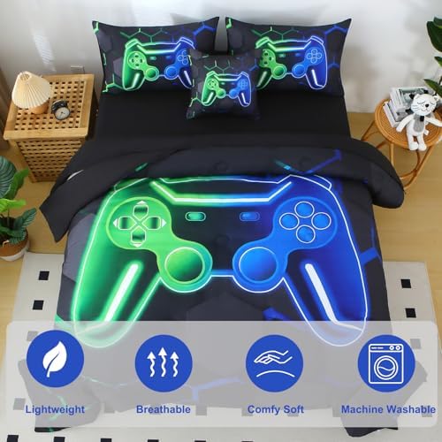 Gaming Twin Bedding Sets for Boys, Green and Blue Gamer Kids Comforter Set, 6 Pieces Game Console Bedding Comforter Sheet Set (Green Blue, Twin) - Image 4