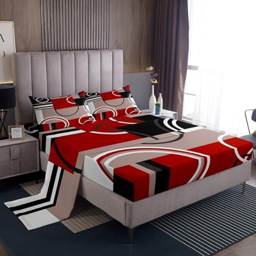 Erosebridal Modern Red Grey Black Stripes Sheet Set Geometric Bed Sheets Full Size Retro Circle Swirls Bedding Set Bedroom Decor Modern Abstract Texture Color Art Fitted Sheet by Erosebridal