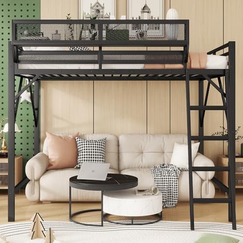 KEIKI Full Size Metal Loft Bed Frame with Ladder and Built-in Storage Shelves, for Teens, Modern Style Loft Bed with Solid Slats, Guardrail, No Box Spring Required, Easy Assembly, for Bedroom, Black - Image 3