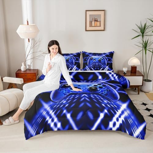 Feelyou Kids Boys Gamer Comforter Set Gaming Bedding Set Toddler Size for Boys Teens 3D Blue Black Geometric Game Controller Duvet Quilt - Image 5