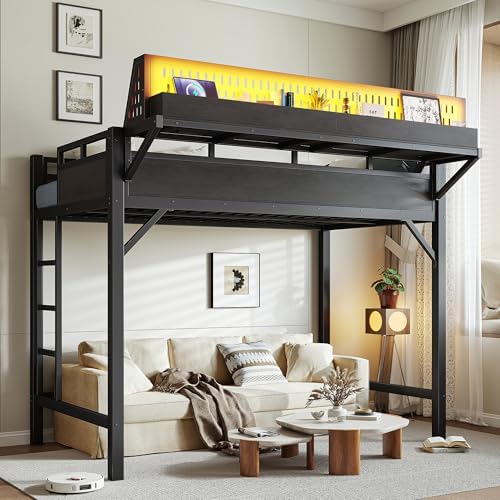 KEIKI Twin XL Metal Loft Bed Frame with Storage Shelves & Pegboard, Loft Bed with USB Ports and LED Lights, Space Saving Bed Frame for Kids Teens Dorm Rooms Apartments Gaming & Study Spaces by KEIKI