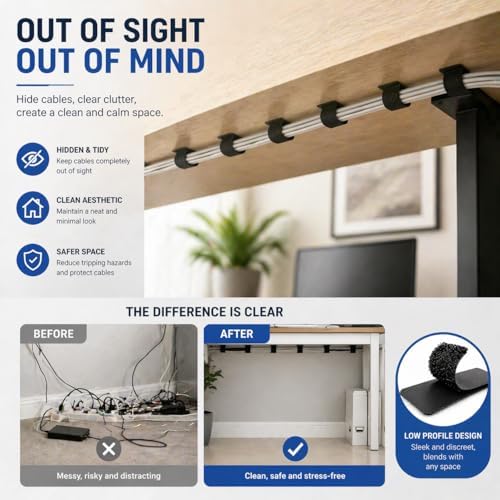 80 PCS Cable Organizer, Cord Organizer for Desk, Wire Holders for Cords with Adhesive Backing, Reusable Velcro Cable Management Straps, Under Desk Cable Management for Home Office and Gaming Setup - Image 3