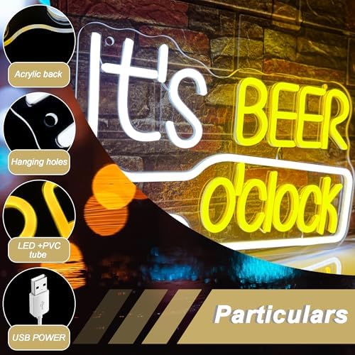 Mutank It'S Beer O'Clock Neon Sign, Beer Neon Light USB Powered LED Dimmable, for Bar Game Room Nightclub Restaurant Beer Sign Men'S Cave Garage Court Decor(15.7 * 9.8 In) - Image 5