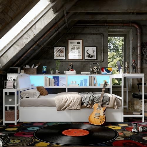 Bellemave Full Size Corner Bed Frame with Storage Drawers, Bookcase and Side Desk, Full Corner Bed with Light and Charging Station, Daybed for Bedroom, Living Room, Guest Room White - Image 3