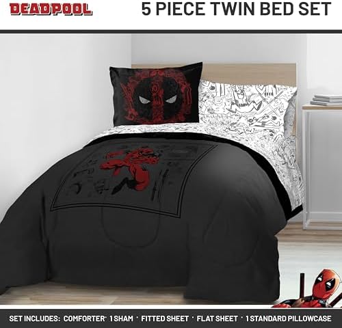 Marvel Deadpool Twin Comforter Set 5 Piece Soft Bedding for Boys, Gray - Image 2
