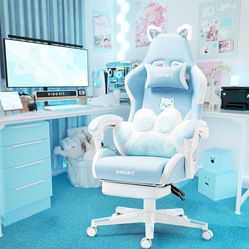 Vigosit Cat Ears Gaming Chair - Ergonomic PU Leather Office Chair, Cute Chair with Footrest for Adult 310lbs Capacity, 90°-155° Reclining paw Pillow, Blue by VIGOSIT